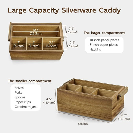 Acacia Paper Plate Dispenser, Paper Plate Holders with Handle, Picnic Silverware Caddy for Party, Cutlery Holder for Countertop, Wood Utensil Organizer for Home Kitchen & RV