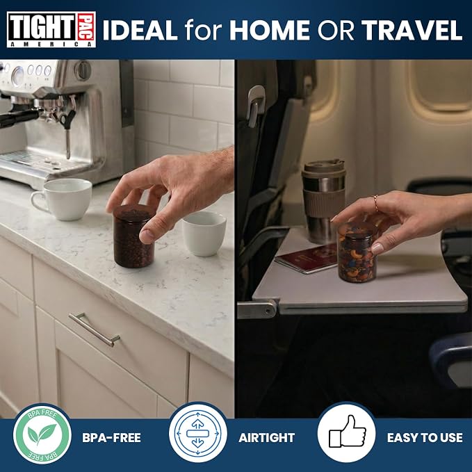 TIGHTPAC MINIVAC Portable Vacuum Seal Airtight Container – Keeps Coffee Beans, Grounds, Tea, Spices & Herbs Fresh Longer – Travel-Ready, NSF-Certified Food-Grade Storage, 10 to 30 Grams, Coffee Tint