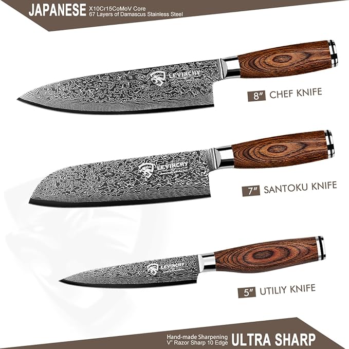Damascus Kitchen Knife Set 3 Pieces, Chef Knife/Santoku/Steak, Handmade Damascus Stainless Steel Kitchen Knife, Ergonomic PAKKA Wood Handle