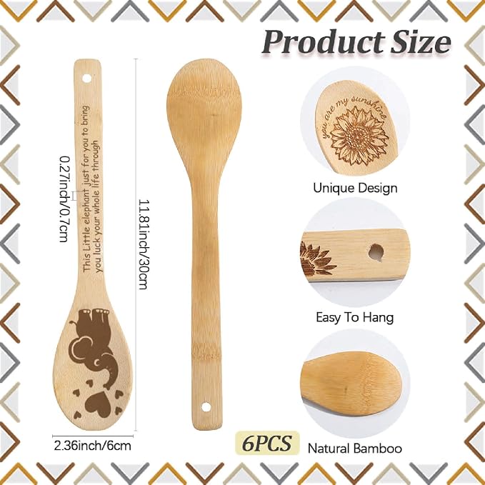 6Pcs 6 Styles Elephant Cooking Utensils for Kitchen 11.8 x 2.4 Inch Bamboo Kitchen Spoons Durable Wood Spoons Set for Housewarming Wedding Birthday Gift Farmhouse Apartment Accessories