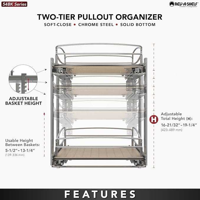 Rev-A-Shelf 2 Tier Pull Out Kitchen Cabinet Storage Organizer with Solid Bottom & Undermount Soft-Close Full Extension Slides, Min Opening Width of 20", 54BK-21SC-2-1