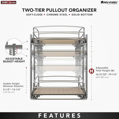 Rev-A-Shelf 2 Tier Pull Out Kitchen Cabinet Storage Organizer with Solid Bottom & Undermount Soft-Close Full Extension Slides, Min Opening Width of 20", 54BK-21SC-2-1