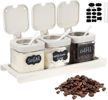 Suclain 3 Pcs Glass Coffee Containers Coffee Station Organizer Set, Airtight Bean Storage Jars with Shelf,labels,spoon, Base and Pen,for Sugar, Candy, Oats, Nuts(White)