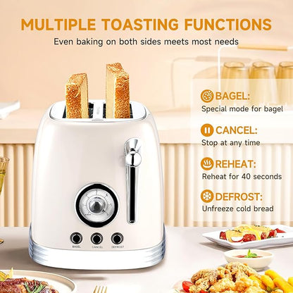 Wiltal Beige Cute Retro Toaster 2 Slice with 1.58" Wide Slots, Bread toaster with Cover and Warm Rack, Stainless Steel Toasters with Removable Crumb Tray, Preheat, Defrost, Cancel Function (Cream)