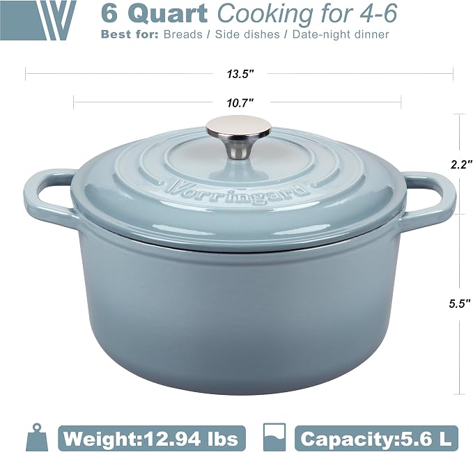 VORRINGARD Enameled Cast Iron Dutch Oven Pot with Lid, for Sourdough Bread Baking, Round Dutch Ovens, 6 Quart, Sea Salt