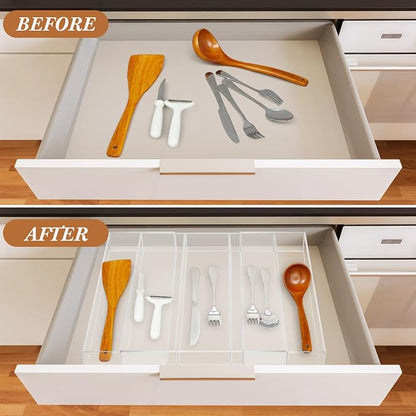 Teenyyou 2 Packs Expandable Kitchen Drawer Organizer Clear Acrylic Utensil Organizer Adjustable Acrylic Silverware Storage for Drawers Silverware Flatware Knives (12 x 16 Inches,3-5 Compartments)