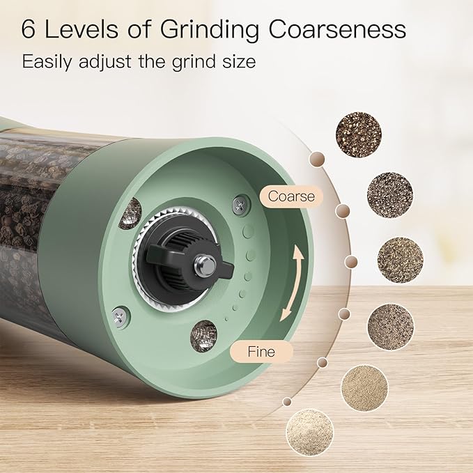 Ultrean Pepper Grinder, Electric Salt and Pepper Grinder Set with USB-C Rechargeable, Spice Mill, 6 Adjustable Coarseness, LED Light, Larger Capacity, Gift for Women Mom, Green