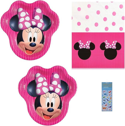 Unique Disney Minnie Mouse Birthday Party Supplies Bundle includes 16 Large Shaped Minnie Head Party Paper Plates 9 3/4" and 1 Plastic Table Cover 54" x 84"