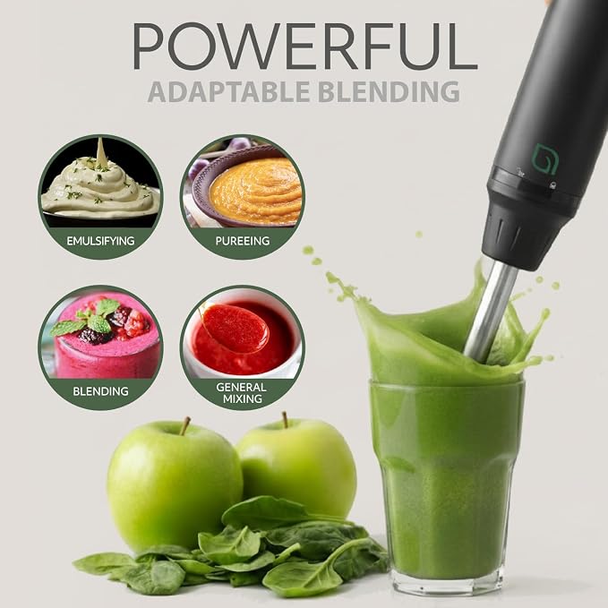 WILLOW Eco Series 5 Speed Immersion Blender Handheld, Powerful yet Quiet 500 Watt Electric Stick Blender with Turbo Mode & Removable Base, Hand Blender for Soup, Smoothie, 304 Stainless Steel - BLACK