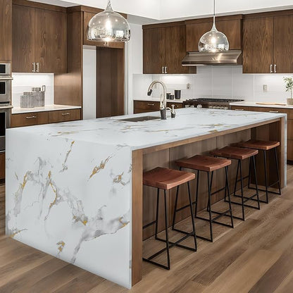 practicalWs Glossy Marble Wallpaper Peel and Stick White/Gold Granite Contact Paper Removable Wall Paper for Kitchen Countertop Cabinet Furniture 35.4" x 118"