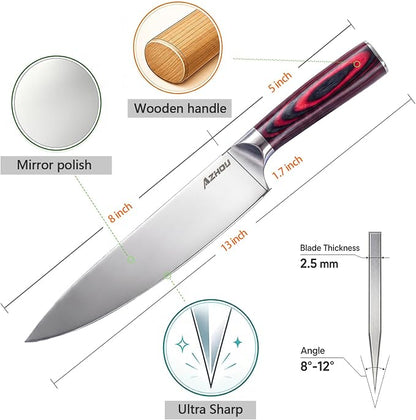 Azhou 8 Inch Chef Knife, Professional Kitchen Knife with 7Cr17CoMoV High Carbon Stainless Steel, Ultra Sharp Mirror Polished Blade, Ergonomic Wood Handle, Gift Box for Men Women