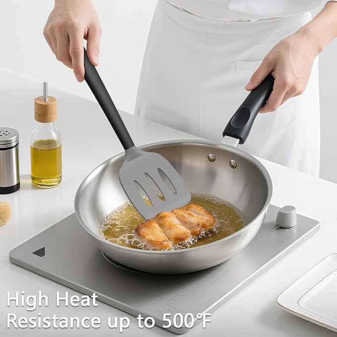 Coukre 3 Pack Silicone Spatula Set, High Heat Resistant, BPA-Free, Fish Spatula, Solid & Slotted Turner for Non-Stick Pans, Flipping Eggs, Pancakes, Fish, Burgers (3, GrayBlack)