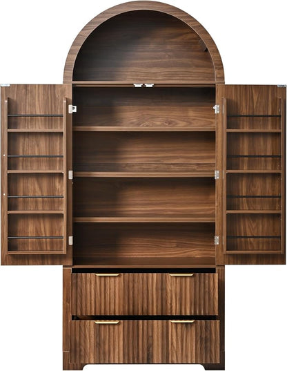 72" Tall Arched Kitchen Pantry Cabinet with 2 Drawers, Mid Century Modern Fluted Storage Cabinet with 8 Adjustable Door Shelves, Wooden Cupboard Organizer for Kitchens, Living Room (Walnut-6.3)