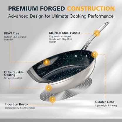 Nuwave 3-Piece 8”, 10”, 12” Forged Lightweight Frying Pan Set, G10 Healthy Duralon Blue Ceramic Ultra Non-Stick, Ergonomic Stay-Cool Handles, Induction-Ready & Works on All Cooktops