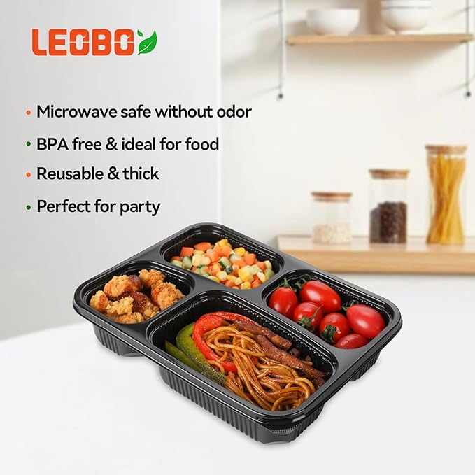 40 Pack 34oz 4-Compartment Bento Box - Shrink-Wrapped No Pre-Wash | Leak-Resistant Takeout Containers | BPA Free Shatterproof Flexible PP | Microwave Safe To Go Box, Bulk Leftover Storage