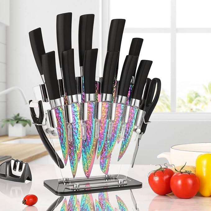 Rainbow Titanium Knife Set, Sharp Stainless Steel Knives Set with Acrylic Block,Sharpener, 6 Steak Knives, Cutlery Knife Block Set, Chef Quality for Home & Pro Use, Best Gift, Black Handle