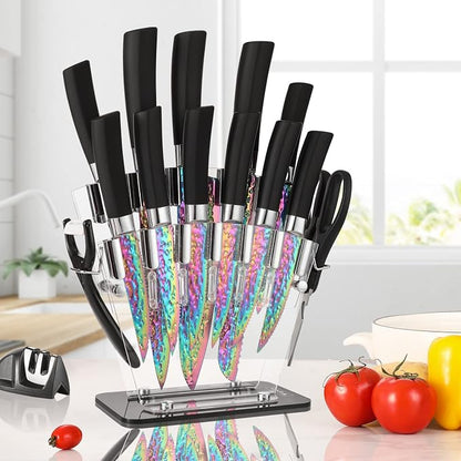 Rainbow Titanium Knife Set, Sharp Stainless Steel Knives Set with Acrylic Block,Sharpener, 6 Steak Knives, Cutlery Knife Block Set, Chef Quality for Home & Pro Use, Best Gift, Black Handle