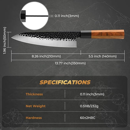 RASSE Japanese Chef Knife Gyuto Chef Knife - 8 Inch Professional Hand Forged Kitchen Knife High Carbon Japanese AUS-8 Stainless Steel Knife with Rosewood Handle & Gift Box