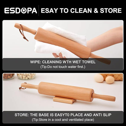 Classic Wood Rolling Pin - Wooden Rolling Pins for Baking Silicone Mat Set, Dough Roller with Wood Base, Fondant Roller for Pie Crust Cookies Pizza Dough and Bread, 17 Inch