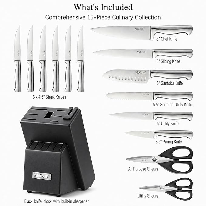 McCook® Knife Sets, German Stainless Steel Knife Block Sets with Built-in Sharpener, 15 Piece Chef Knife and More, Razor Sharp, Restaurant Grade, Anti-Rust, Elegant Box for Gift