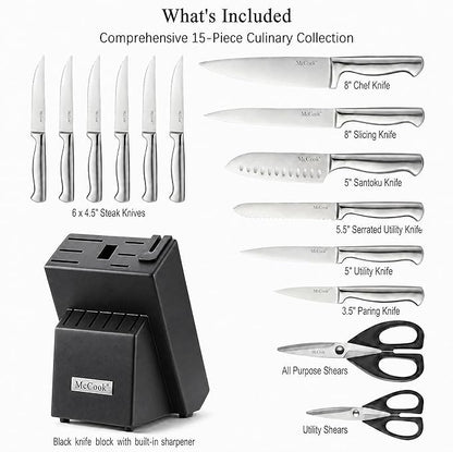 McCook® Knife Sets, German Stainless Steel Knife Block Sets with Built-in Sharpener, 15 Piece Chef Knife and More, Razor Sharp, Restaurant Grade, Anti-Rust, Elegant Box for Gift