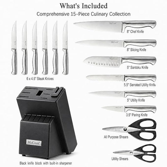 McCook® Knife Sets, German Stainless Steel Knife Block Sets with Built-in Sharpener, 15 Piece Chef Knife and More, Razor Sharp, Restaurant Grade, Anti-Rust, Elegant Box for Gift