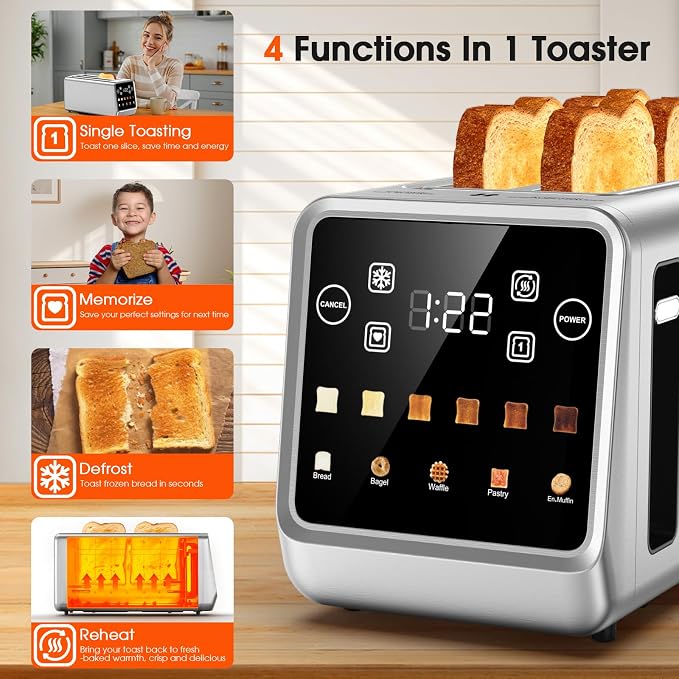 4-Slice Smart Toaster, Extra-Wide Slots for Thick Bagels & Artisan Bread, 1400W Rapid Heating, 6 Browning Levels + 5 Presets, MemoryIQ, Pro Bagel Mode