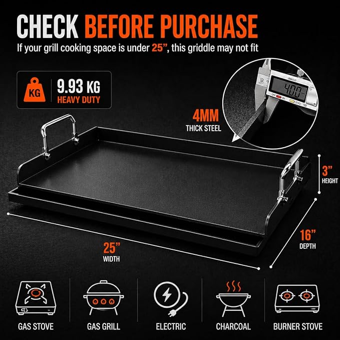 Cast Iron Griddle for Gas Grill, 25" x 16" Nonstick Flat Top Grill Griddle Plate, No Seasoning Required, Heavy Duty Outdoor BBQ Griddle with Grease Drain for Camping, Tailgating and Backyard Cooking