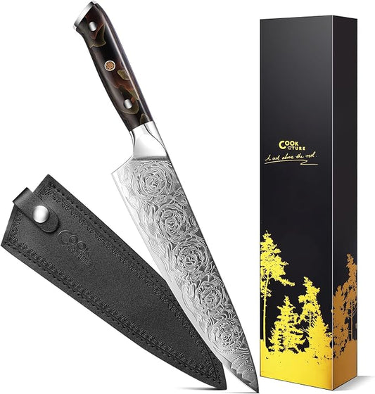 Professional Japanese Damascus Chef Knife 8 Inch - VG-10 High Carbon Steel, Ergonomic Resin Handle with Leather Sheath & Luxury Gift Box