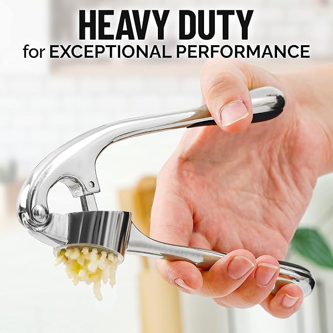 Zulay Kitchen Premium Garlic Press - Durable Garlic Masher with Soft, Easy to Squeeze Handle - Garlic Mincer Tool - Sturdy Easy to Clean Garlic Crusher (Chrome)