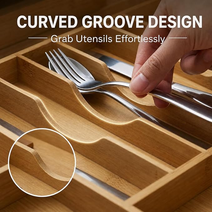 Expandable Bamboo Silverware Organizer for Drawer, 11 Compartments | Expands 18.5"-33", 11-13 Deep Slots with Adjustable Dividers, Solid Bamboo Construction, Non-Slip Design