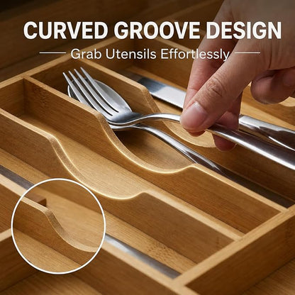 Expandable Bamboo Silverware Organizer for Drawer, 11 Compartments | Expands 18.5"-33", 11-13 Deep Slots with Adjustable Dividers, Solid Bamboo Construction, Non-Slip Design