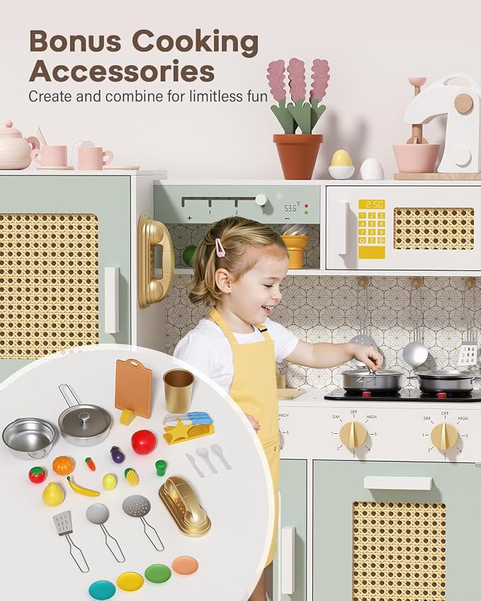 Babytronic Wooden Kitchen Playset for Kids, Pink Pretend Play Kitchen with Lights & Sounds, Retro Style Toy Kitchen for Toddlers Ages 3+, Wooden Play Kitchen Set with Realistic Design (Green)