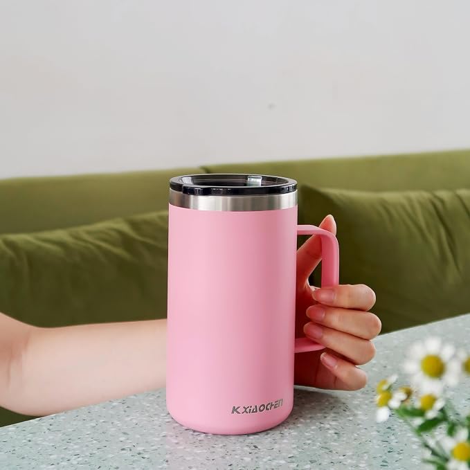 KXIAOCHEN 20oz Insulated Coffee Mug with Lid, Stainless Steel Coffee Cup, Double Wall Vacuum Coffee Tumbler with Handle, Premium Thermal Travel Coffee Mug (Pink)