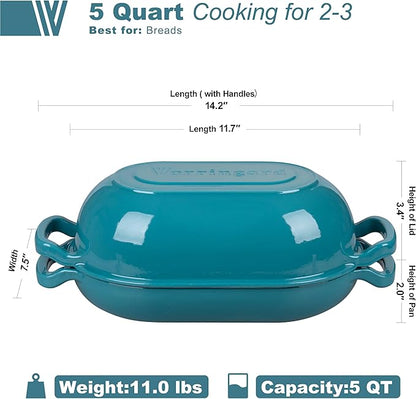 VORRINGARD Enameled Cast Iron Sourdough Bread Oven, Dutch Oven, Loaf Cast Iron Bread Pan for Homemade Bread Baking, Meatloaf Pan with Lid, 5QT, Bluegreen