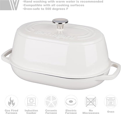 VORRINGARD Enameled Cast Iron Dutch Oven Pot with Dome Lid, Oval Bread Oven for Homemade Sourdough Bread Baking, Oven Safe up to 500°F, 6 Quart, White