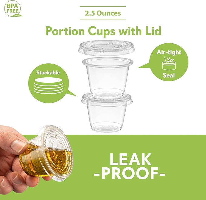 {2.5 oz,200 Sets} Clear Diposable Plastic Portion Cups With Lids, Small Mini Containers For Portion Controll, Jello Shots, Meal Prep, Sauce Cups, Slime, Crafts, Disposable Souffle Cups & Much more