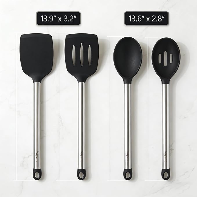 Vayvnt Silicone Cooking Utensils Set for Nonstick Cookware, 4 PCS Kitchen Silicone Spatula and Spoon Set with Stainless Steel Handle, Heat Resistant Kitchen Utensils, Dishwasher Safe, Black