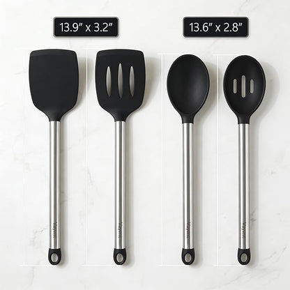 Vayvnt Silicone Cooking Utensils Set for Nonstick Cookware, 4 PCS Kitchen Silicone Spatula and Spoon Set with Stainless Steel Handle, Heat Resistant Kitchen Utensils, Dishwasher Safe, Black