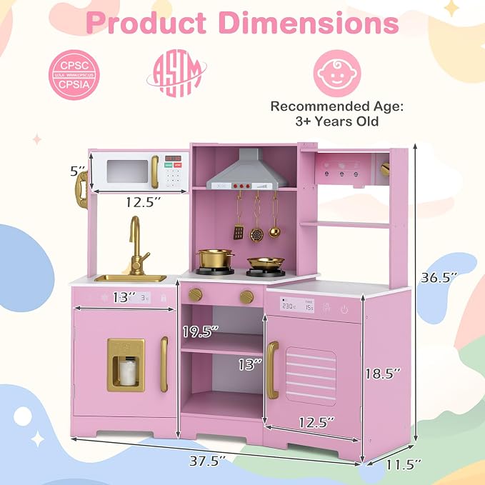 Costzon Corner Kids Kitchen Playset, Wooden Toy Kitchen Set w/Lights & Sounds Range Hood, Ice Maker, Pretend Telephone, Sink, Faucet, Microwave, Oven, Play Kitchen for Kids 3+ (Pink+Golden)