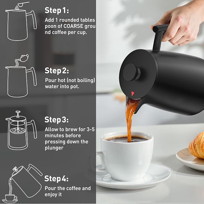 Secura 50oz French Press Coffee Maker – 304 Stainless Steel, Insulated Coffee Press with Extra Filter, Black