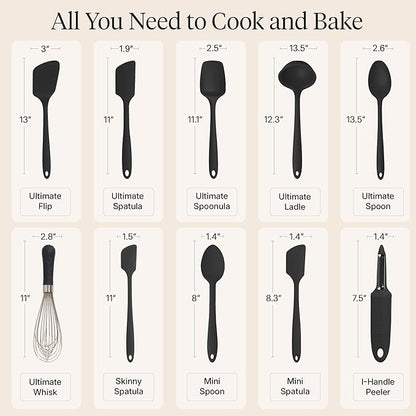 GIR: Get It Right 10-Piece Cooking Utensils Set - Black Silicone - Spatula Set, Silicone Spatulas & Kitchen Spoons - Heat-Resistant up to 425°F - Nonstick Cookware-Friendly - Dishwasher-Friendly