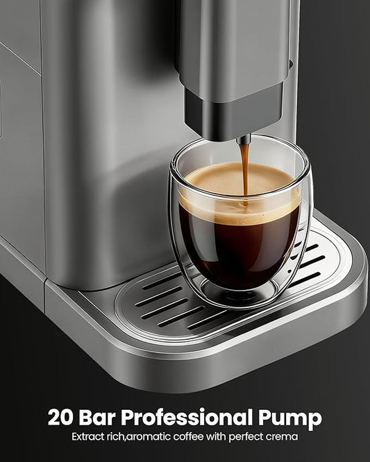 Fully Automatic Espresso Machine, 20 Bar Coffee Maker with Grinder & Milk Frother, Touchscreen Automatic Coffee Machine with 15 Grind Settings for Espresso, Latte & Cappuccino