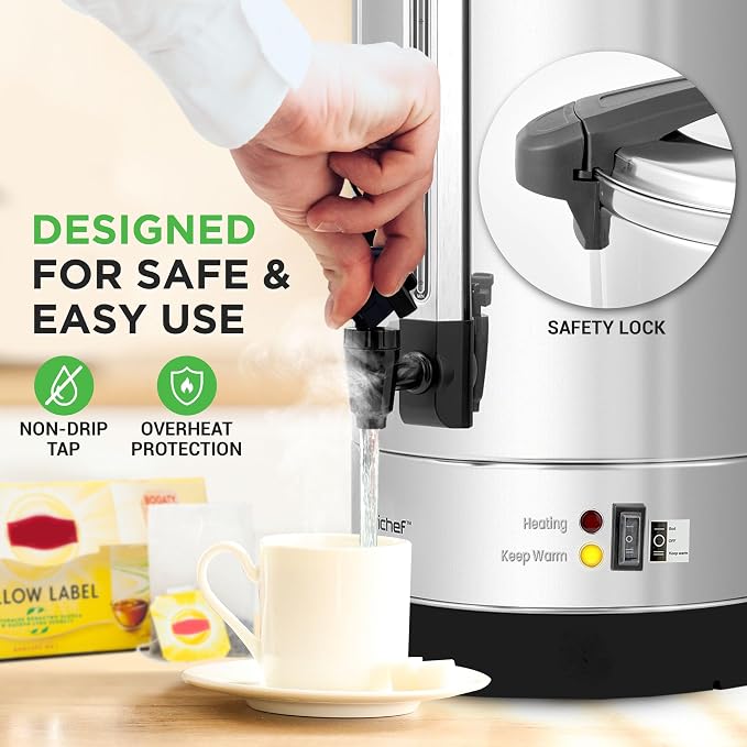 NutriChef 19L Water Boiler Hot Water Dispenser Urn | Large Electric Kettle with Keep Warm Function, Safety Lock Lid & Stainless Steel Inner Pot for Tea & Hot Beverages (Black & Silver).