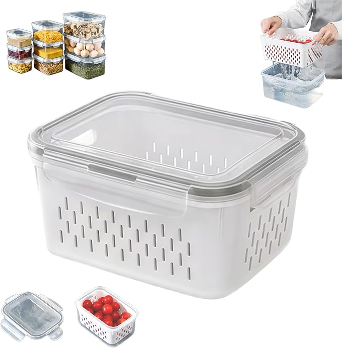 4 in 1 Food Storage Containers with Lids, Food Storage Containers With Lids Airtight, With Removable Colander, For Fruits & Vegetables, Easy to Soak, Clean, Drain and Store (Gray, S)