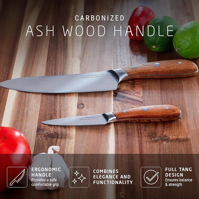 Swiss Diamond Chef & Paring Knife, German Steel with Carbonized Ash Wood, Full Tang Handle, Damascus Blade Chef Knives Professional Grade, 55+2 Rockwell Hardness, 8 & 4.5 Inch