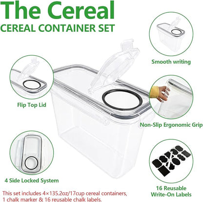 4 Pack 4L/135oz Cereal Storage Containers, Airtight BPA Free Plastic Cereal Dispenser with Lids, Large Dry Food Storage Canister for Pantry, Rice, Flour, Sugar, Pasta