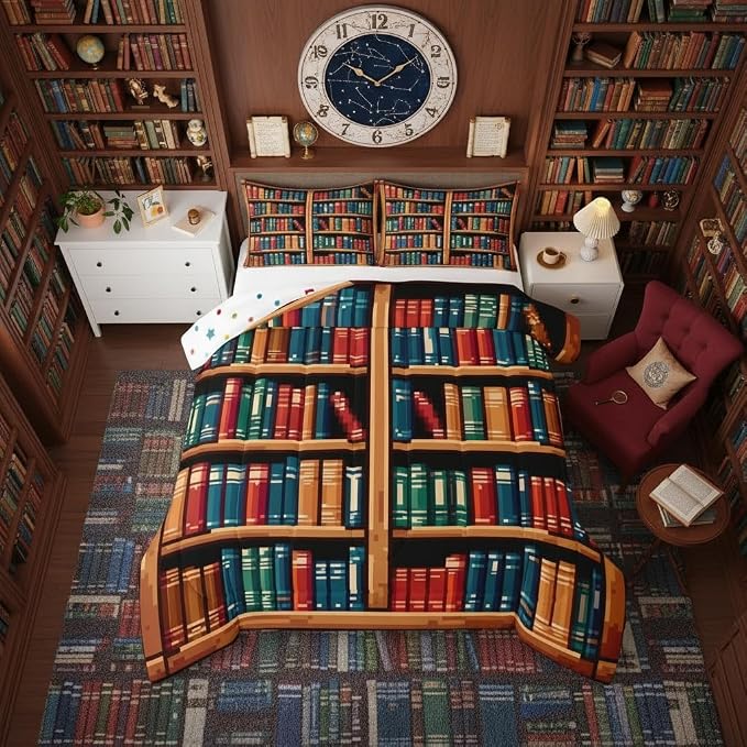 Manfei Bookshelf Comforter Set King Size,Anime Bookcase Theme Down Alternative Adults Bedroom Decor,Pixelated Pixel Style Games Ultra Soft Microfiber Inner Fill 3Pcs Bedding