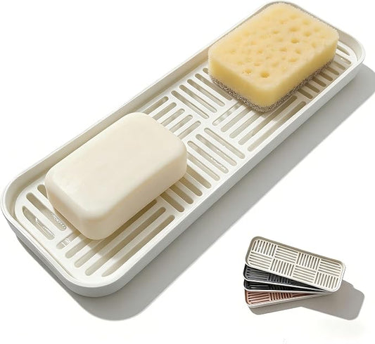 2-in-1 Kitchen Sink Caddy Organizer with Plastic Drain Grate, Double-Layer Drain Sponge Soap Holder & Food Fruit Vegetable Drain Tray for Sink Countertop Home Kitchen Restaurant Hotel, White (1 Pack)