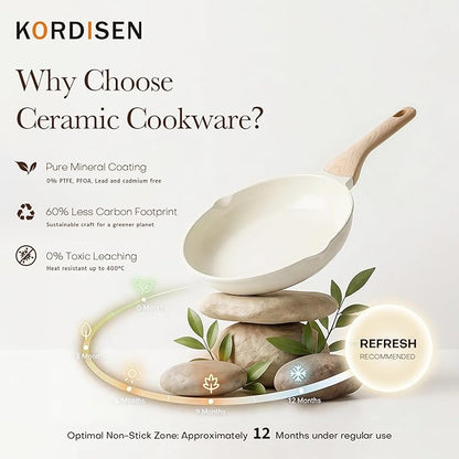Kordisen Nonstick Ceramic Frying Pan Set, 3 Piece Ceramic Skillet Set, Healthy Non Toxic Cooking Pan, Stay-Cool Handle, Induction Compatible, PFOA & PFAS Free, White